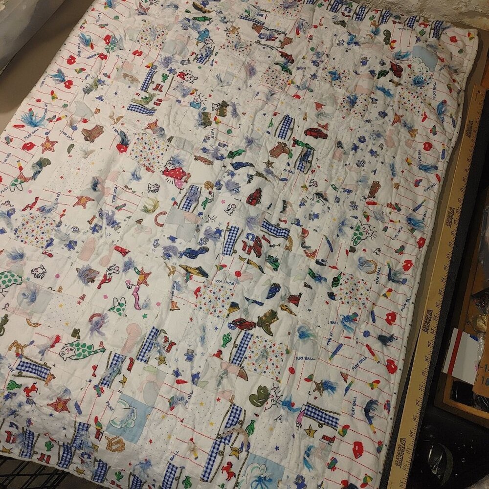 Childs Quilt Play Ball Western Theme Handmade Flannel Cotton Reversible Blanket